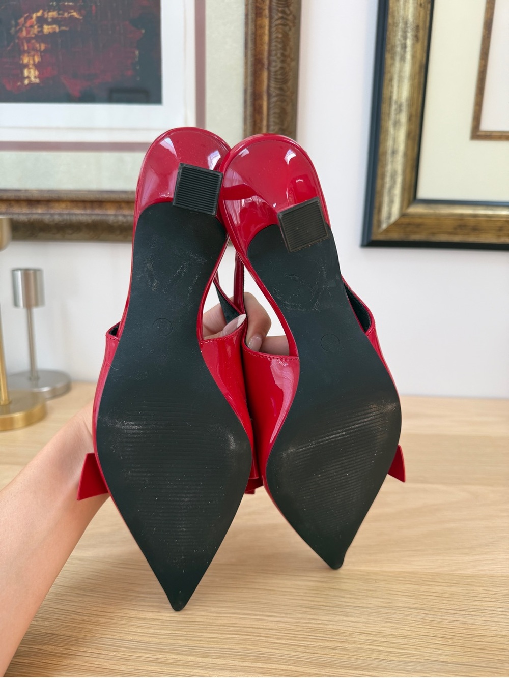 Red Patent Pointed-Toe Slingback Heels with Bow - Picture 5 of 5